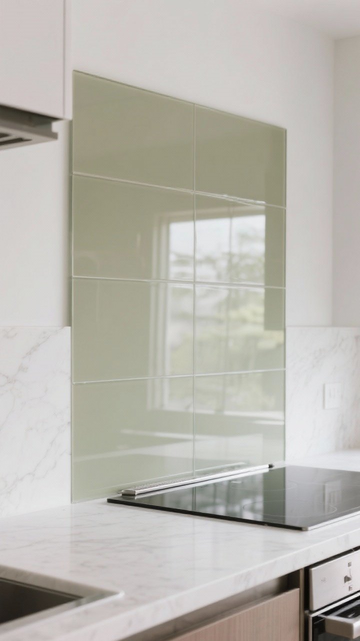 Medium, straight-on view of a single low-iron back-painted glass backsplash panel in a soft muted eucalyptus color, installed seamlessly behind a white quartz countertop; glossy, mirror-like reflection brightens the space; note a discrete metal heat strip near the range for tolerance; zero grout, ultra-clean lines; even, reflective lighting for a sleek contemporary mood; no people.