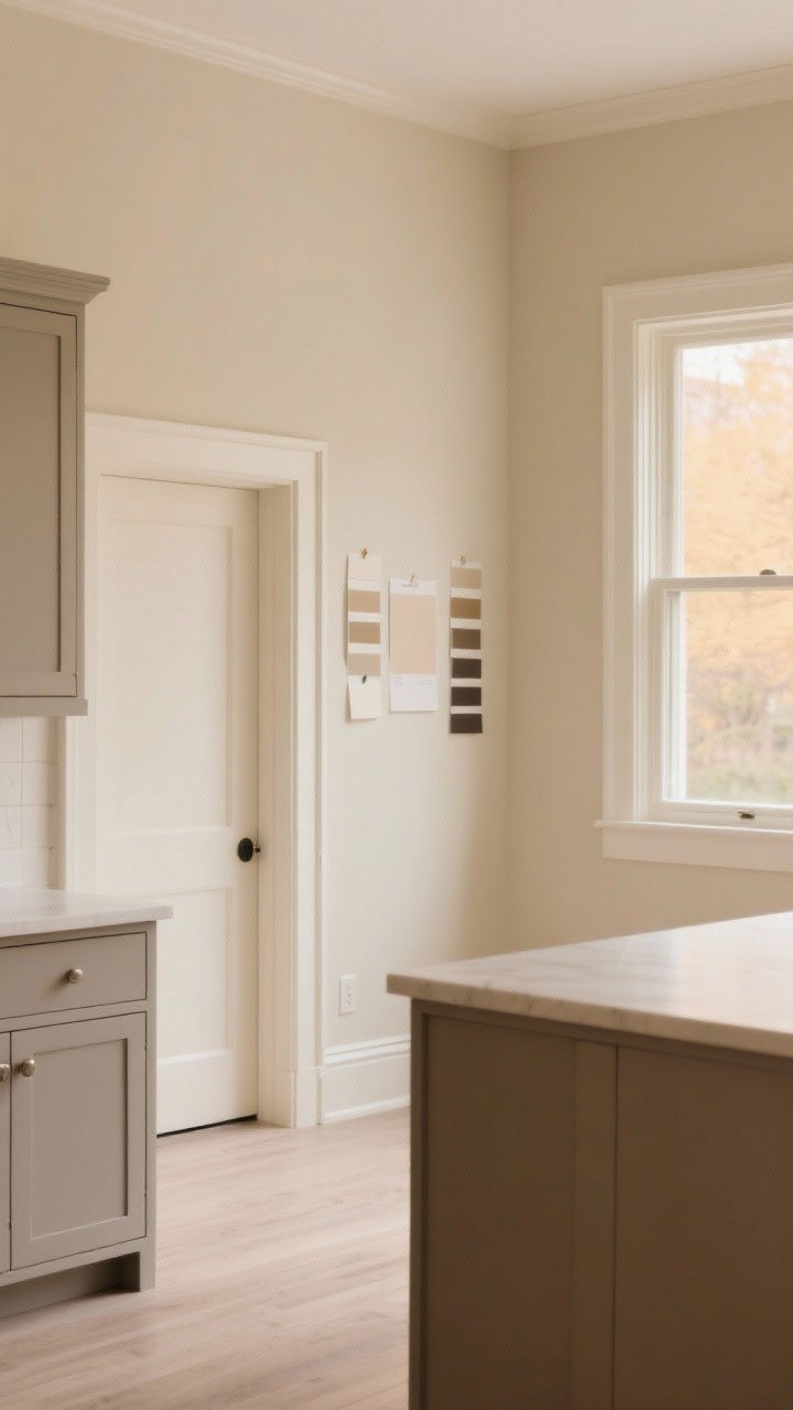 Medium straight-on view of a tone-on-tone beige kitchen wall with warm greige mushroom-toned base cabinets, a slightly lighter oatmeal/putty wall, and an island in a deeper beige for subtle contrast; creamy off-white trim framing a doorway and window; paint swatches taped to the wall catching both cool morning light and warm evening light through the window; calm, curated vibe with balanced beige undertones; photorealistic.