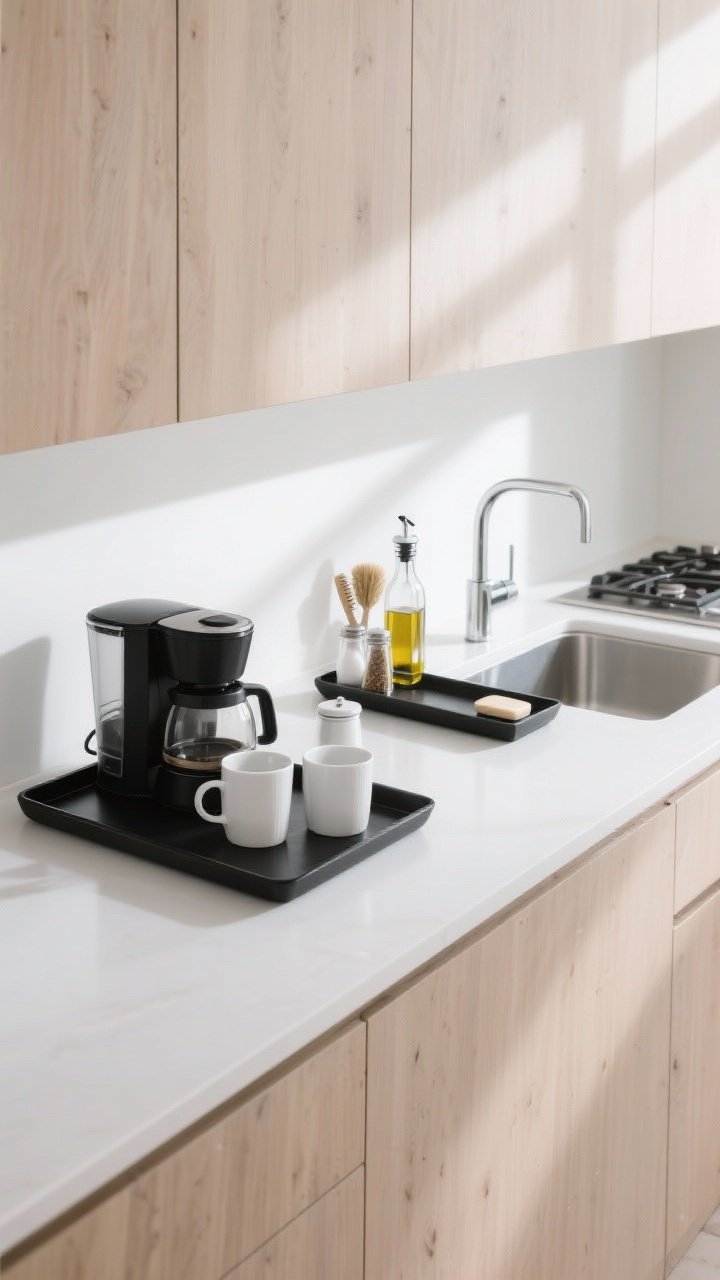 Medium straight-on view of minimalist countertops zoned with trays: a matte black coffee station tray with a compact coffee maker, two white mugs, and a small sugar jar; a slim soap-and-brush tray by a stainless sink; a sleek cooking caddy near the stove with salt, pepper, and a clear glass oil bottle; white counters, light wood cabinets, minimal color accents, clean lines, bright morning light for an airy feel.