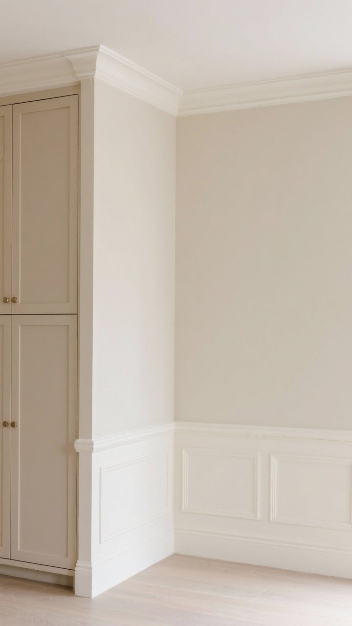 Medium, straight-on wall and trim composition: walls in a soft beige that shares undertones with the cabinets, trim either matching the cabinet beige for a seamless envelope or a creamy off-white for a light frame; ceiling painted at 50% tint of the wall color (not stark white); even daylight showing subtle depth shifts without high contrast.