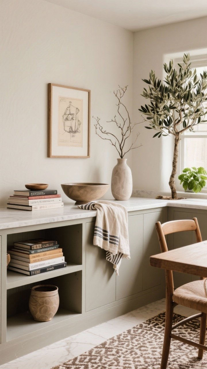 Medium styling vignette: Fashion-grade finishing—on a clean countertop and shelf, a curated stack of cookbooks, a sculptural bowl, and a single tall vase with airy branches; nearby wall hosts a framed vintage sketch above a breakfast nook; textiles include a linen runner, striped tea towels, and a patterned, tone-forgiving runner rug; an olive tree in a corner and basil on the sill add life; warm, editorial, photorealistic.
