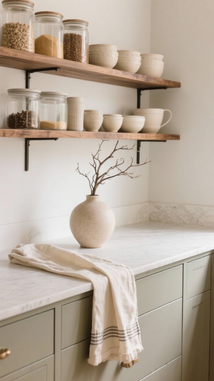 Medium styling vignette on open shelving and countertops: neutral linens (tea towels and a soft runner), creamy stoneware grouped tonally on walnut shelves, clear canisters with pantry staples for a calm bakery vibe, and a single sculptural vase with branches; edited, breathable arrangement; gentle natural light.