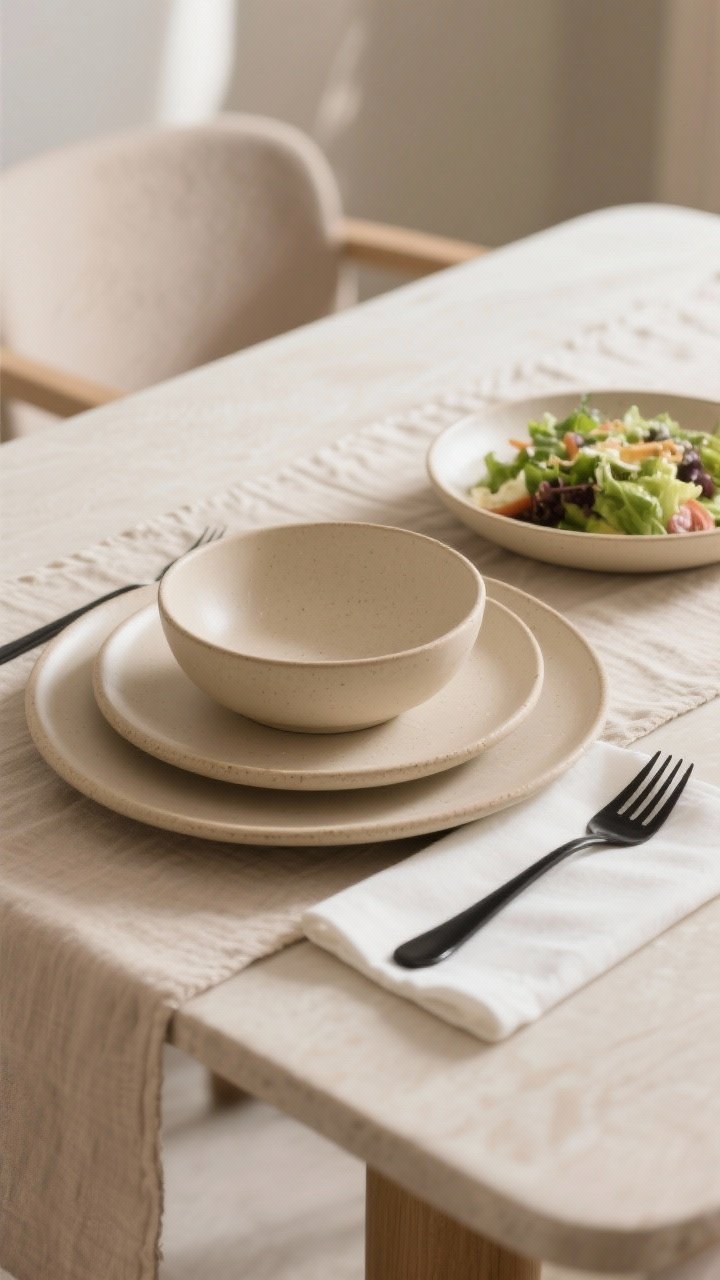 Medium table scene: beige stoneware dinnerware set with matte glaze and slightly organic rims; layered place setting—beige dinner plate, matching bowl, off-white napkin, and black flatware; subtle tonal layering with sand and oatmeal hues; soft overhead light that photographs beautifully; takeout salad plated to look restaurant-level; neutral linen runner beneath.