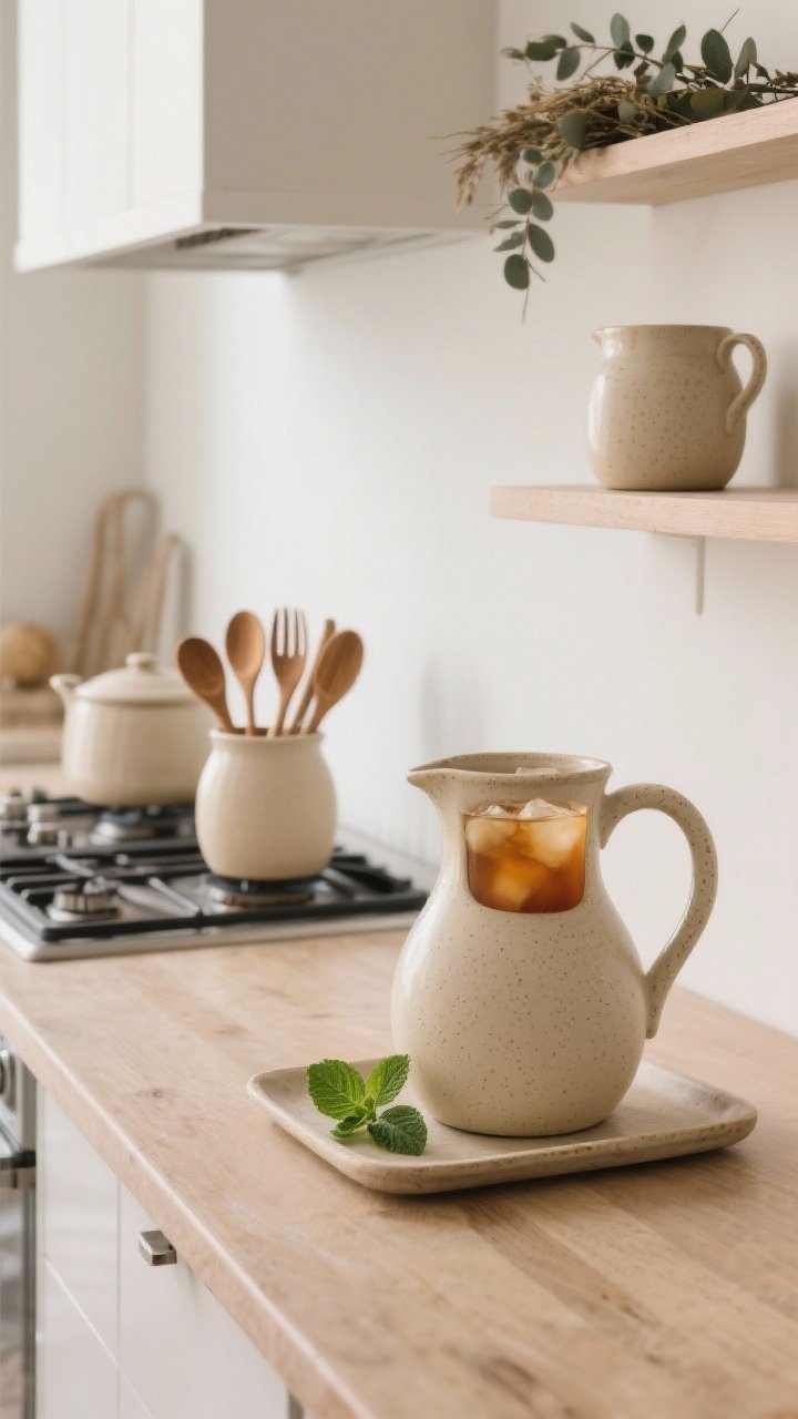Medium, three-quarter angle kitchen vignette: a neutral beige ceramic pitcher with soft curves and a speckled glaze styled on a light wood counter; shown “three ways” in one frame composition—foreground pitcher filled with iced tea and a sprig of mint on a tray, a second identical pitcher by the stove holding wooden spoons and ladles, and a third on an open shelf with dried eucalyptus; calm natural light, matte finishes, minimal backdrop.