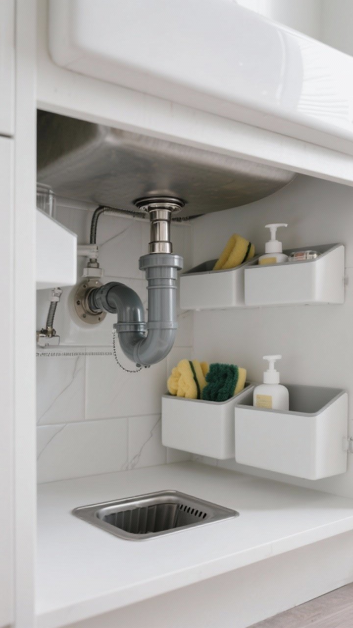 Medium, three-quarter angle shot of an under-sink layout optimized around plumbing: U-shaped organizers hugging the P-trap, short bins under the pipe holding backup sponges and refill soap; half-shelf risers on both sides lifting smaller items; clear 2-inch clearance around chrome plumbing; garbage disposal area left open and uncluttered; white cabinet liner beneath; cool, even lighting to emphasize the geometry and smart workarounds.