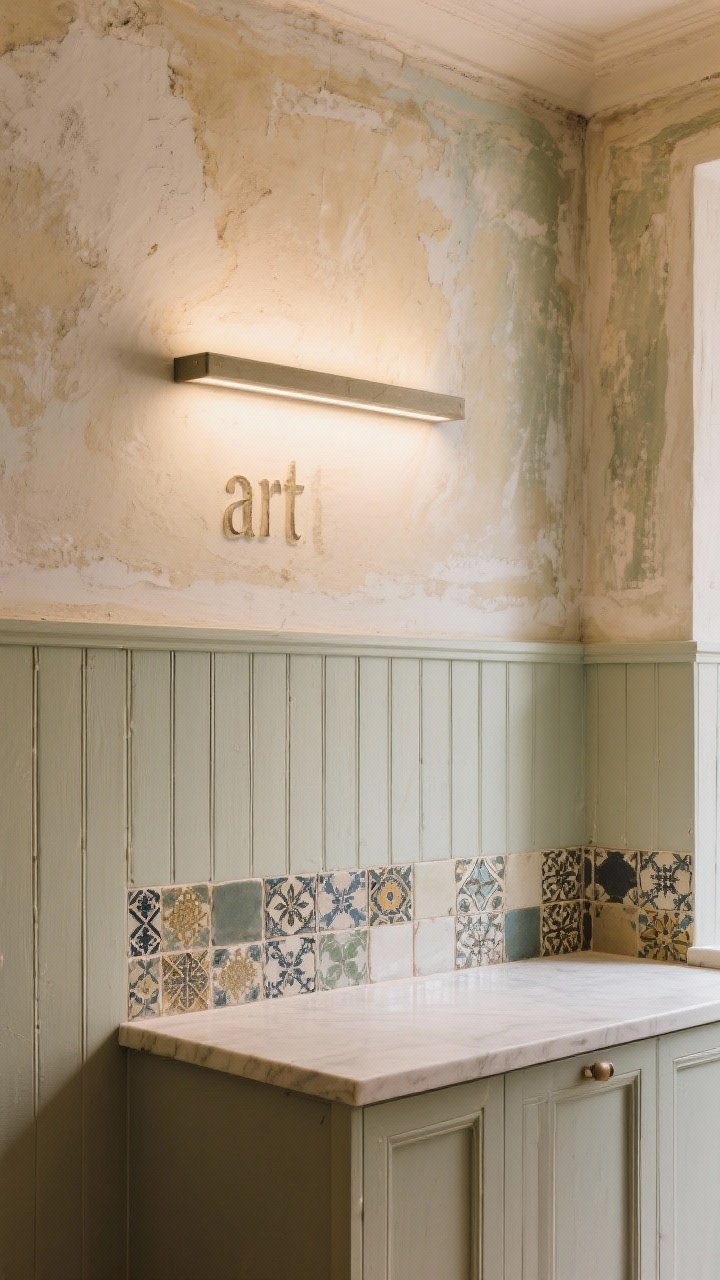 Medium-to-wide wall composition showcasing old-world layers: limewash paint in subtly varied tones for depth, half-height painted tongue-and-groove paneling protecting the lower wall, and a backsplash of handmade zellige tiles with glossy, uneven surfaces; a slim picture light mounted above a slab backsplash segment as “art”; warm, diffuse light emphasizing texture and movement; straight-on view for a formal, European look.