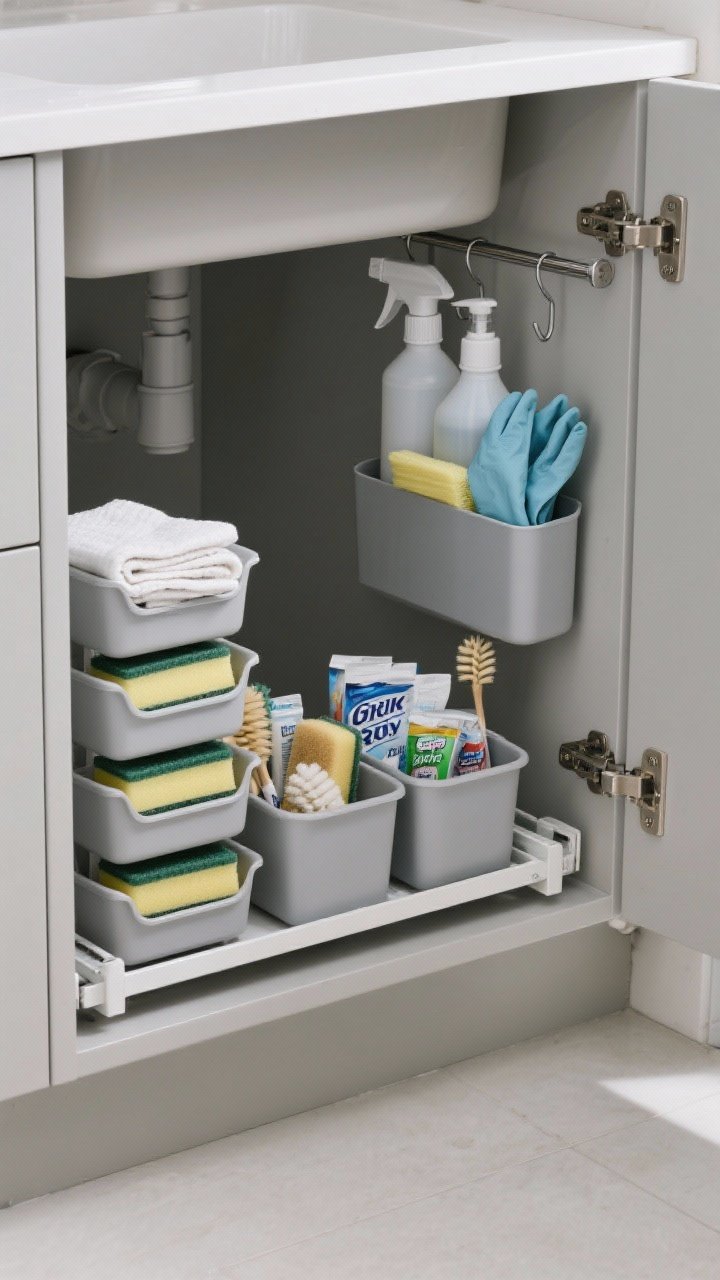 Medium, under-sink straight-on shot revealing a tidy setup: stackable pull-out bins for sponges, dishwasher tabs, and scrub brushes; a tension rod spanning the cabinet to hang spray bottles; a raised caddy holding folded cleaning cloths and rubber gloves kept dry off the base. Minimal, practical products only, soft gray bin finishes, cool task lighting to emphasize cleanliness and order.