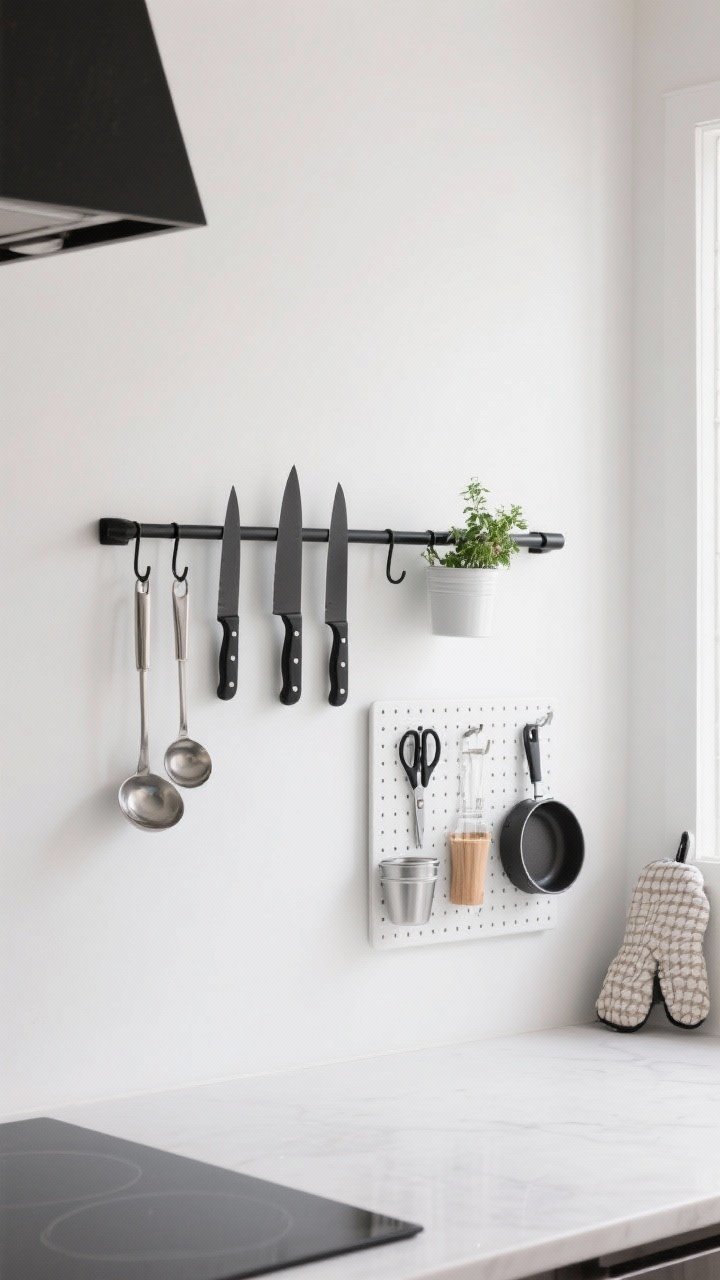 Medium wall view: A slim, matte black rail system and pegboard on a white wall near a prep counter, styled with measured symmetry. A magnetic knife strip holds sleek chef’s knives; a hanging rail organizes ladles, measuring cups, and a tiny herb pot; a compact pegboard displays scissors, oven mitts, and a small pan. Clean lines, minimal color palette, and balanced spacing under bright natural light.