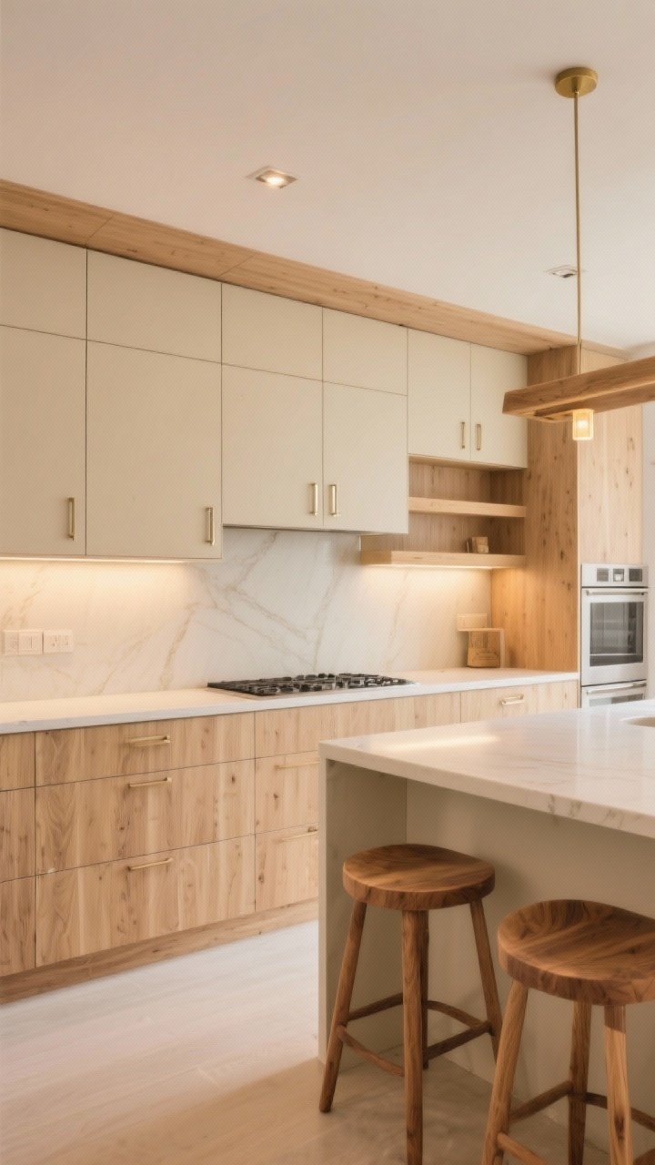 Medium-wide kitchen showcasing a two-tone combo: beige uppers paired with light oak lower cabinets for warm contrast; repeated oak tone in bar stools and a small beam or open shelf for cohesion; hardware in brushed nickel or soft brass; warm LED lighting at 2700–3000K creating a cozy, neutral glow; clean, airy atmosphere with neutral counters; photographed from a straight-on angle across the main run.