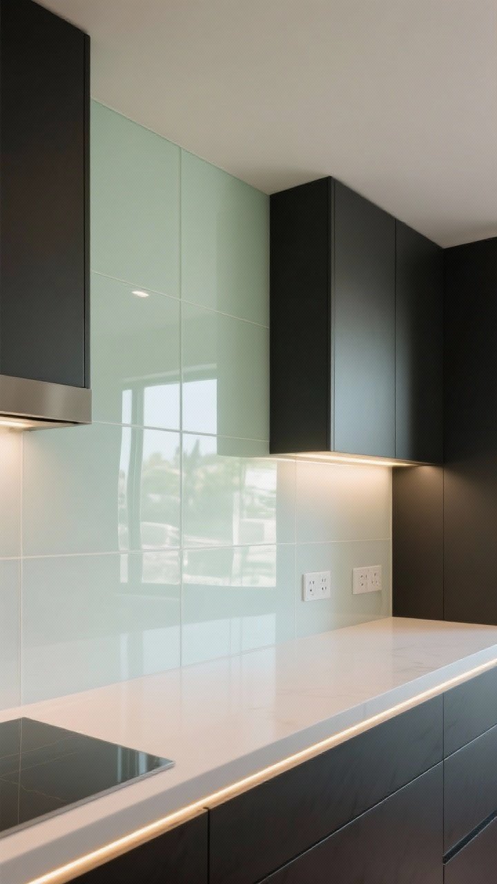 Medium-wide shot: Back-painted low-iron glass backsplash panels in warm white for a pure, luminous gloss with no green cast; seamless spans with no grout, easy-clean surface; under-cabinet plugmold keeps outlets hidden; LED strip lighting along the underside of uppers making the glass glisten; dark cabinetry for contrast, straight-on perspective, photorealistic.
