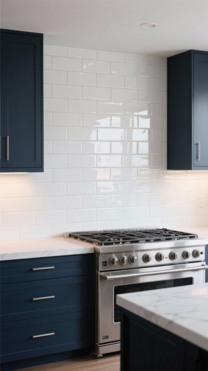 Medium-wide shot: High-gloss ceramic subway tile backsplash in oversized 4x12 format, vertical stack layout to lift the eye, tone-on-tone warm white grout for a calm, unified surface; glossy finish amplifying under-cabinet task lighting; clean-lined modern kitchen with dark navy or charcoal cabinets and stainless range, straight-on view, photorealistic.