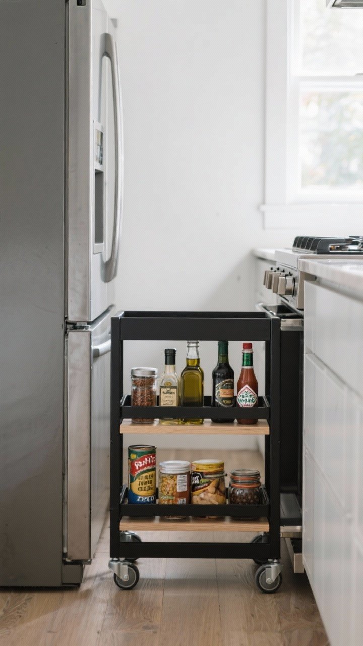 Narrow-angle shot down a gap beside a refrigerator showing a slim rolling cart pulled out: guard-railed tiers holding spices, oils, and condiments near the stove, plus canned goods and jars; matte black metal frame, light wood shelves, cool daylight from nearby window, emphasis on the snug fit and stability of bottles