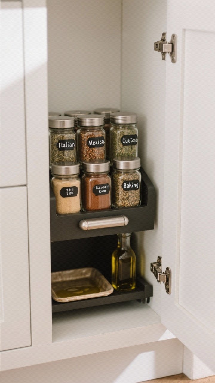 Narrow, straight-on view of a slim pull-out spice and oil caddy inside a small cabinet: uniform spice jars with labels on tops and fronts grouped by cuisine—Italian, Mexican, Baking—plus a low, dark shelf area for oils on a small tray to catch drips; satin nickel pull, soft shadowed lighting to suggest flavor protection, clean white cabinet sides