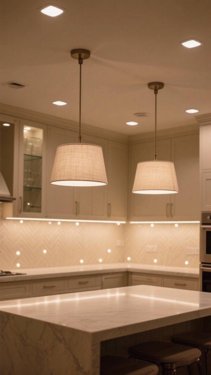 Overhead and slightly angled medium shot illustrating layered lighting in a beige kitchen: dimmable recessed ceiling lights casting even illumination, a pair of linen-shaded pendants over the island for softness, warm under-cabinet LED strips (2700–3000K) washing a beige backsplash, and tiny puck lights glowing inside glass-front uppers; shows how lighting flatters creamy beige finishes; evening scene with lights on; photorealistic.