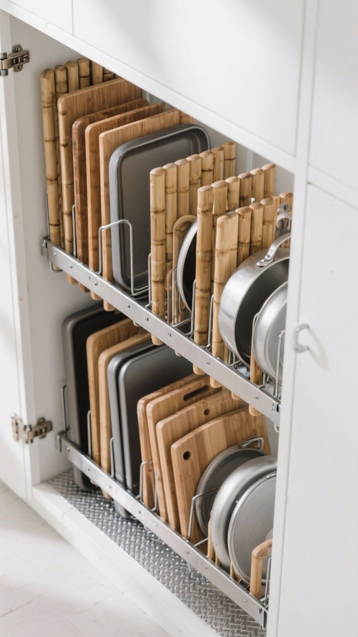 Overhead angle of a narrow cabinet fitted with vertical dividers: adjustable metal and bamboo dividers filing baking sheets, cutting boards, and pot lids upright in neat rows; non-slip liner texture visible beneath; cool white interior, subtle shadowing for depth, brushed steel dividers mixed with warm bamboo for contrast; emphasize grab-ready organization and scratch-free surfaces