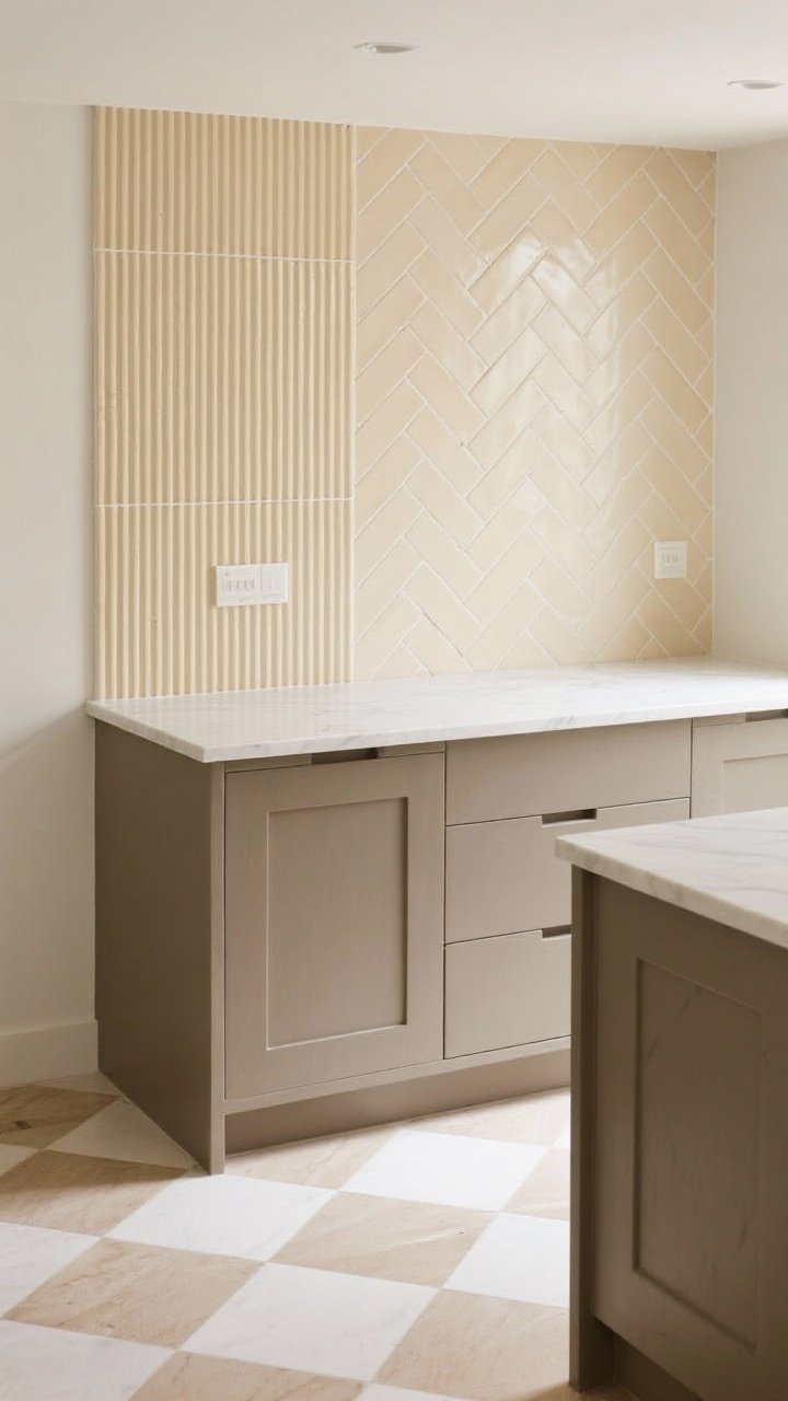 Overhead/angled detail of quiet patterns: mini herringbone backsplash in warm cream, a vertical slatted island painted taupe-beige, and a subtle beige-and-ivory checkerboard floor; tightly controlled palette so patterns read sophisticated; soft, diffused light creating gentle shadows and rhythm.
