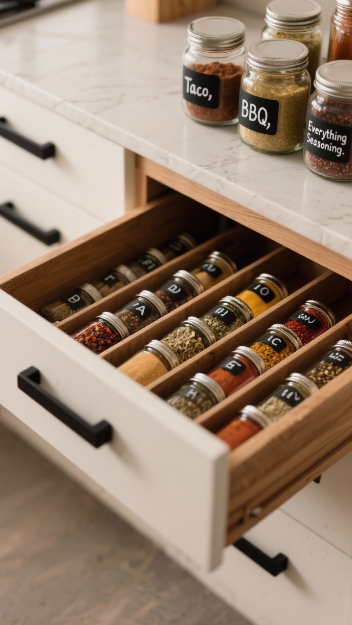 Overhead closeup: A shallow spice drawer with angled inserts, jars neatly alphabetized, labels facing up. A few larger jars at the back labeled “Taco,” “BBQ,” and “Everything Seasoning.” Warm wood drawer interior, matte black handles, spices vibrant in color, even soft ambient kitchen lighting. No countertop rack visible; clean, organized, photorealistic.