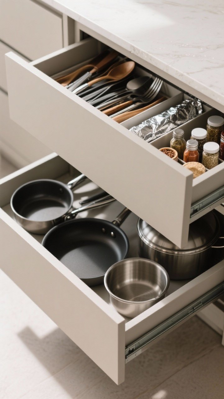 Overhead closeup of a double-decker drawer: the upper inner drawer slid out showing neatly organized utensils, spices, and foil/wraps; below, the lower main drawer reveals pots, pans, and mixing bowls on full-extension slides; single clean exterior drawer front visible at edge, perfectly aligned seams for a high-end custom look; neutral cabinet tones, diffuse daylight.