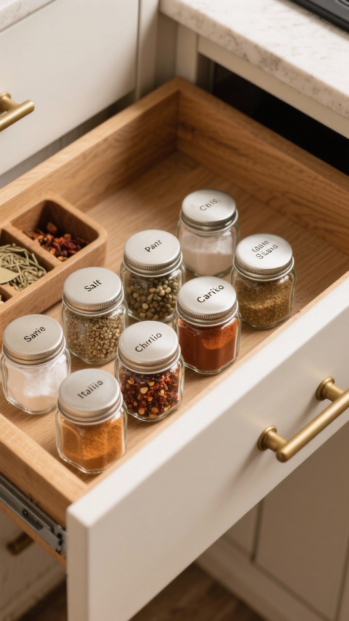 Overhead closeup of a spice drawer setup: uniform glass jars laid in a drawer insert with labeled tops—salt, pepper, chili flakes, garlic powder, paprika, Italian blend—forming a clean glanceable lineup; warm wood drawer interior, brushed brass pulls, soft diffused light; a hint of secondary unloved spices in a separate caddy at the edge; emphasis on clarity and accessibility, photoreal textures of ground spices and seeds.