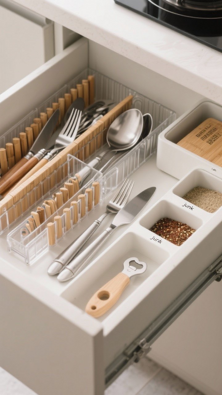 Overhead closeup of an open kitchen drawer organized with dividers: adjustable bamboo and acrylic inserts perfectly fitted, separating everyday cutlery, hosting flatware, and specialty tools; a second row for spatulas, tongs, and peelers laid flat; an angled spice tray with labels facing up; a small “junk” zone with mini compartments. Minimal duplicates (one bottle opener in view). Clean, neutral tones, bright even lighting highlighting crisp lines, photorealistic.