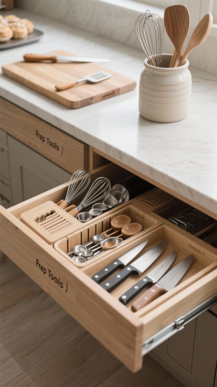 Overhead closeup of an open utensil drawer featuring adjustable organizers custom-fit with no gaps. Task zones labeled: prep tools (peeler, spatula) near the cutting board area; baking tools (whisks, measuring spoons) grouped; grill tools set apart. A separate in-drawer knife tray holds knives safely; a tall ceramic crock on the counter edge stands long utensils upright. Neutral tones, soft diffuse light, crisp label text, fine-grain wood drawer texture.