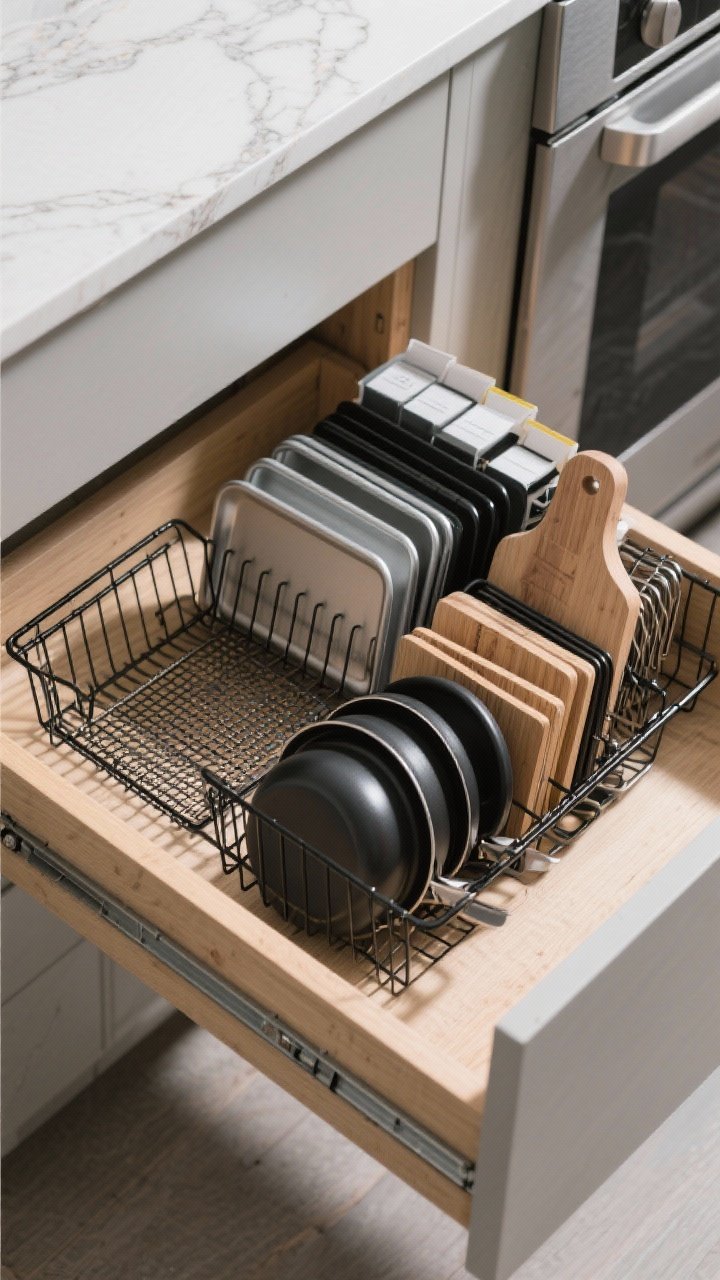 Overhead detail: A deep kitchen drawer upgraded with a wire dish rack and an office file sorter, vertically filing pot lids, baking sheets, cooling racks, and cutting boards by size—no clattering avalanche; matte black wire organizers against light maple drawer interior, crisp shadows from top lighting, clean, modular organization.