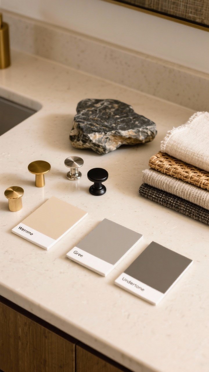 Overhead detail: Conclusion still life on a beige countertop—paint swatches labeled warm beige, greige, and undertone notes; hardware samples (brass, black, nickel), a small piece of dramatic stone, and fabric/textile samples (linen, cane), capturing the theme of layering textures and letting stone be the star; warm, even lighting.