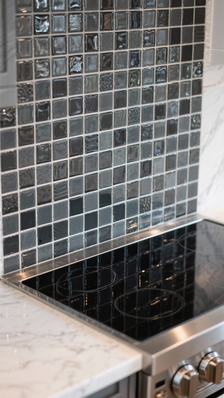 Overhead detail: Micro-mosaic sheets of tiny square tiles forming a restrained tonal charcoal gradient mixing matte and glossy pieces; epoxy grout lines neat and sealed; edge of a stainless range and a portion of a calm white quartz counter visible. Lighting should create sparkle on glossy squares while matte pieces absorb light for depth; photorealistic, slight top-down angle.