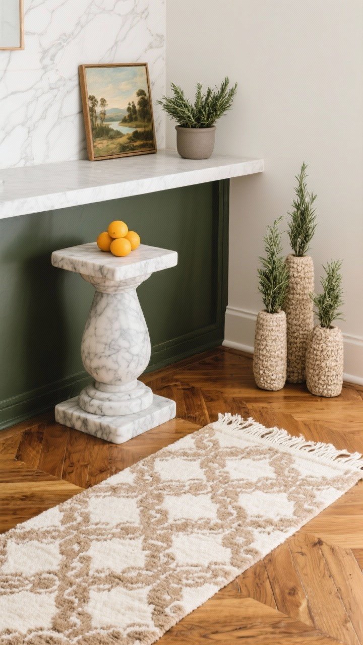 Overhead detail of floors and finishing touches: warm wood flooring with an earthy-patterned runner rug in ivory, oat, and taupe; a chunky marble pedestal holding citrus as a statement piece; a small vintage landscape artwork leaning on the counter backsplash; fresh rosemary in a matte pot nearby; balanced grouping in odd numbers with varied height and texture.