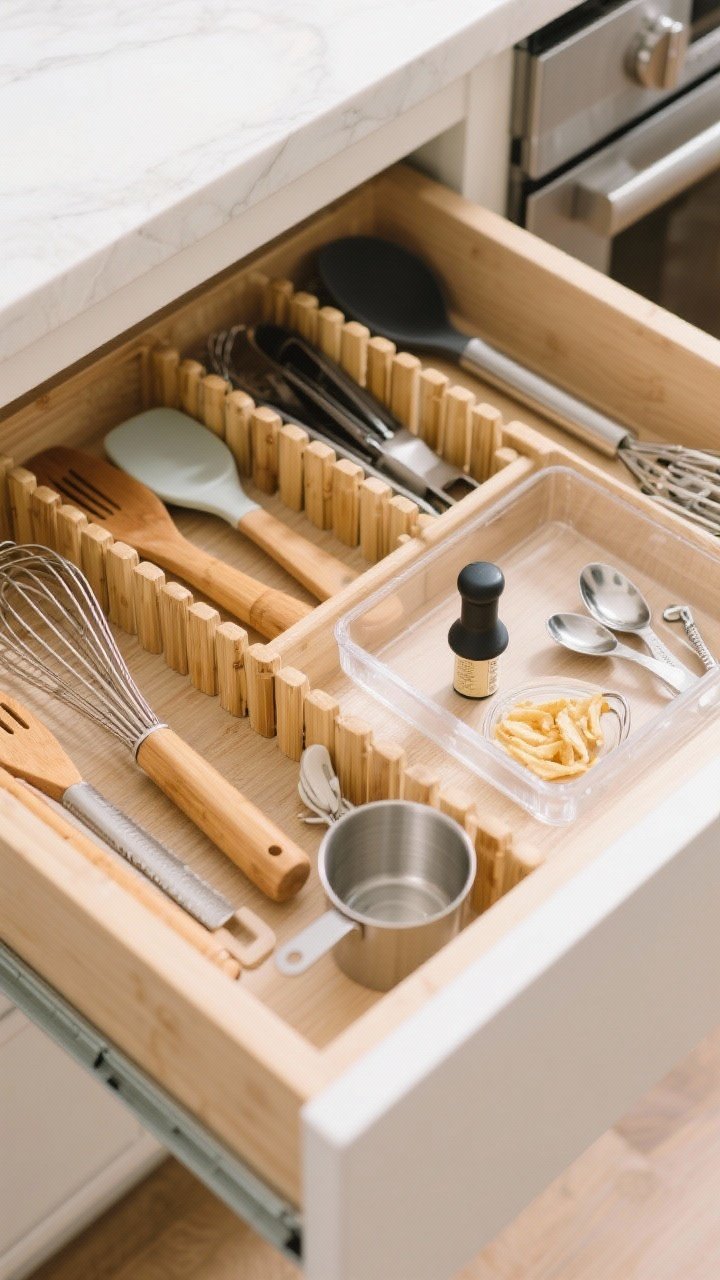 Overhead detail shot: An open kitchen drawer outfitted with adjustable bamboo dividers perfectly separating prep tools (whisks, spatulas), cooking tools (tongs, turners), and baking tools (measuring cups and spoons). A shallow acrylic tray corrals tiny items like a wine stopper, chip clips, and a peeler. The drawer interior is pale wood; lighting is bright and crisp to highlight organization and texture.
