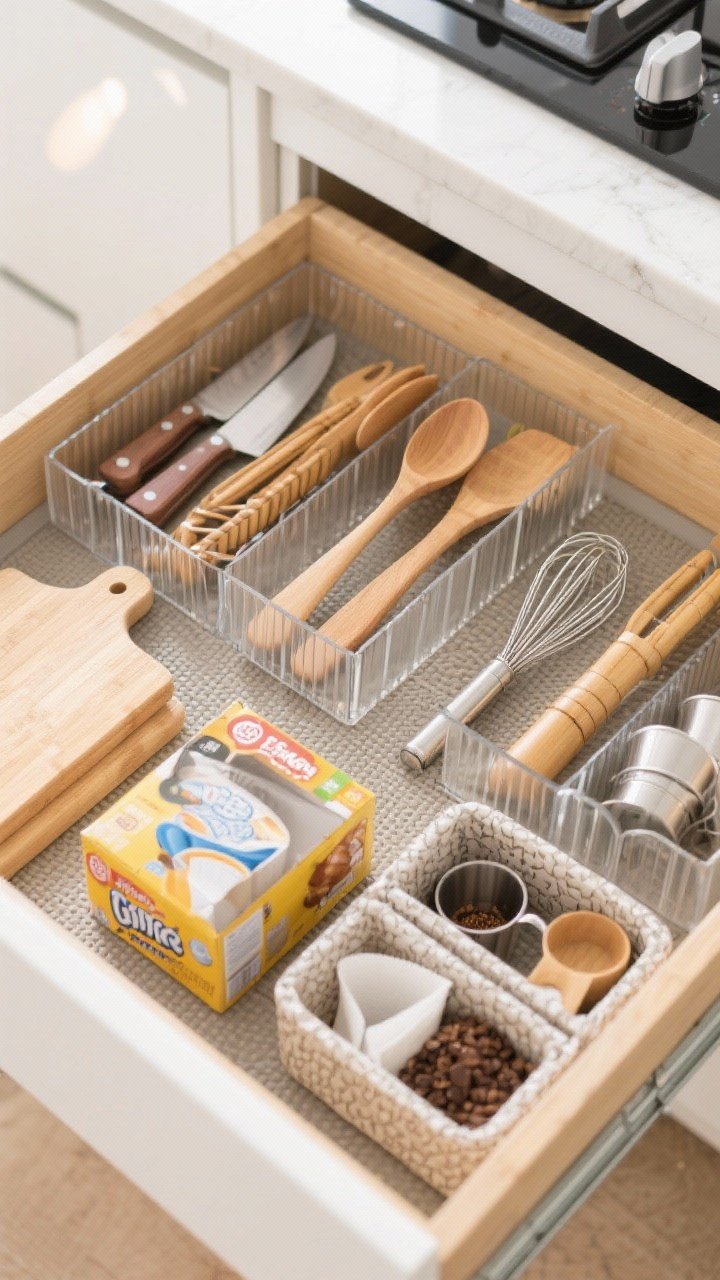 Overhead detail shot: An open kitchen drawer zoned like a boutique—bamboo and clear acrylic dividers neatly separating prep tools (knives, small cutting board), stove tools (spatulas, wooden spoons, tongs), baking tools (measuring cups, whisks), and a coffee section (filters, scoops). Non-slip mats line the drawer; a couple of compartments are DIY organizers made from cereal boxes wrapped in neutral contact paper. Clean, bright task lighting.