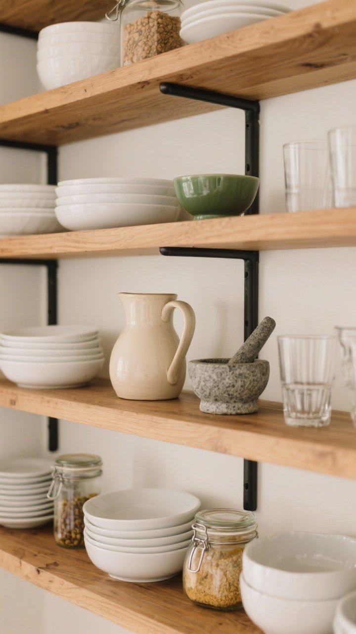 Overhead detail shot: Curated open shelves in warm oak—arranged with everyday white and cream dishes, a ceramic pitcher as the anchor piece, sealed glass jars of pantry items, repeated materials (stone mortar, clear glass tumblers), and a touch of matte black in a slim bracket; neutral palette with a single olive-green accent bowl; soft natural light.