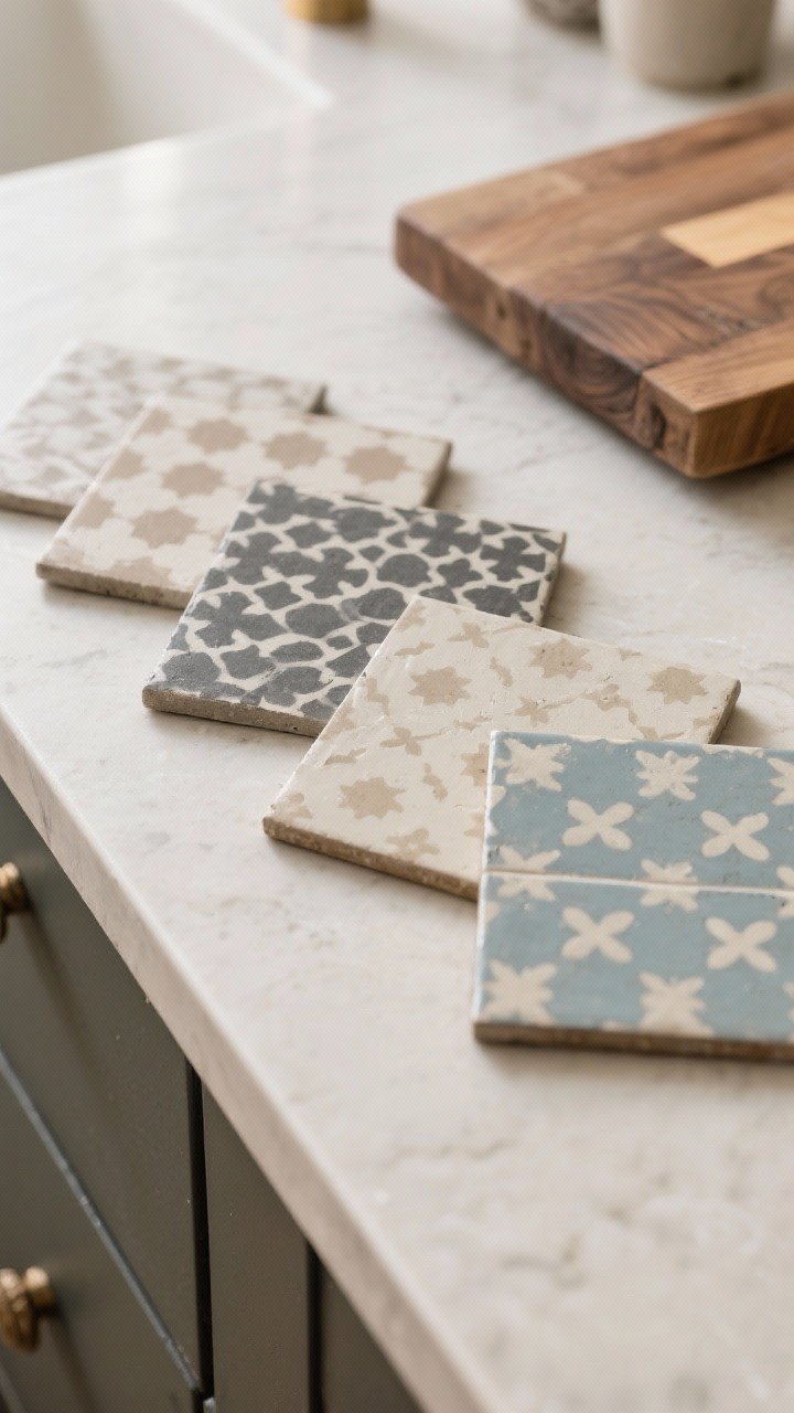 Overhead detail shot: neutral cement tile samples arranged near a countertop edge—taupe-on-ivory, charcoal-on-gray, and dusty blue on cream—showing small-scale patterns suitable for busy stone and a larger motif for pairing with solid butcher block; sealed, velvety texture visible; soft ambient light reveals the handcrafted look without visual chaos, photorealistic.
