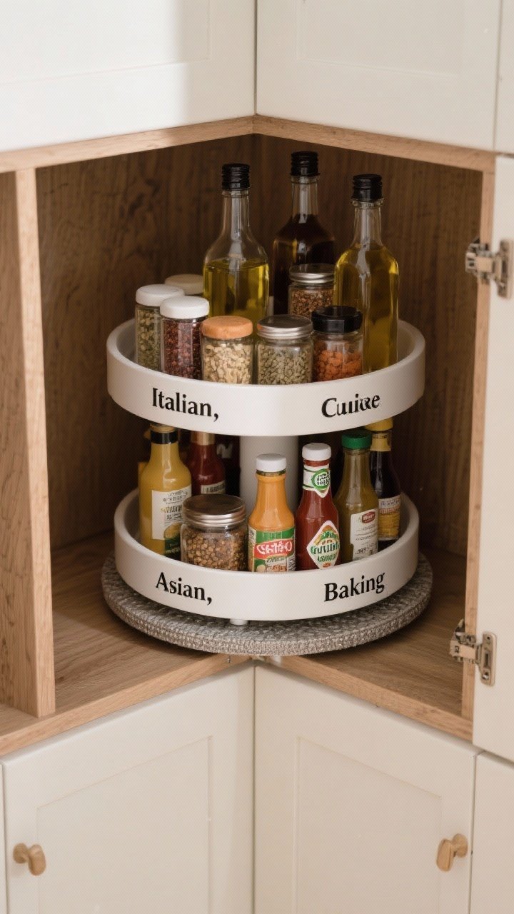 Overhead detail shot of a double-tier lazy Susan nestled inside a corner cabinet: grouped spices labeled by cuisine (“Italian,” “Asian,” “Baking”), oils and sauces on the lower tier with high lips to prevent tipping. Non-slip textured base visible, 10–12 inch diameter suited for uppers. Balanced, diffuse light to reduce glare on glass bottles, natural wood grain cabinet interior.