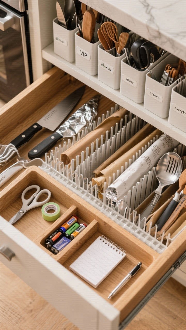 Overhead detail shot of a kitchen drawer “glow-up”: adjustable dividers grouping baking tools, prep tools, and serving tools; foil, parchment, and zip bags stored upright like files in slim bins; a knife drawer insert cradling blades; and a tidy “everything drawer” section with scissors, tape, batteries, pen, and mini notepad. Warm wood drawer interior, crisp labels, soft top-down lighting, VIP tools in the top row.