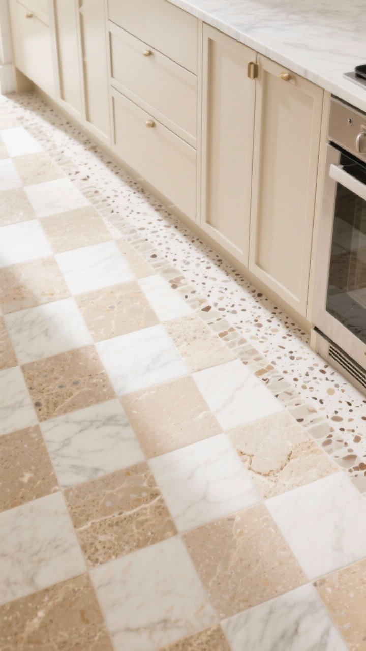 Overhead detail shot of a patterned kitchen floor: warm beige-and-cream checkerboard in limestone and marble with subtle variation, bordering a run of beige lower cabinets; alternatively, a nearby inset shows micro terrazzo with taupe and sand flecks; clean grout lines, matte seal; bright, indirect daylight.