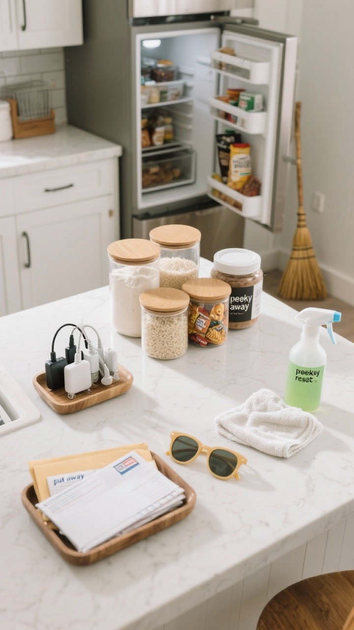 Overhead detail shot of a weekly reset in progress on a clean countertop: grouped piles for “put away” items like mail and sunglasses, a small tray of chargers; a visible fridge door open slightly to show organized leftovers front and center; canisters of flour, rice, snacks, and coffee being topped off; a folded microfiber towel beside a spray bottle mid-wipe and a small broom leaning nearby. Bright, fresh lighting conveying a clean, reset mood.