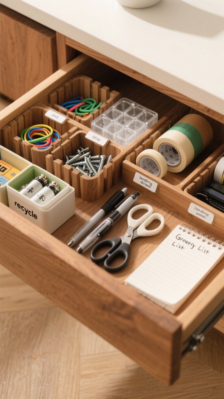 Overhead detail shot of an intentional “landing drawer” organized with small dividers: mini bins and an ice cube tray corralling rubber bands, paper clips, and screws; a labeled battery box separating new and used with a “recycle” section; rolls of tape, pens, scissors, and a small notepad titled Grocery List. Warm wood drawer interior, crisp labels, even soft lighting, everything squared and visible.