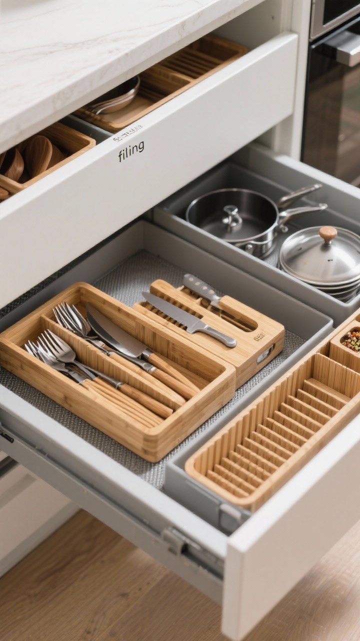 Overhead detail shot of an open kitchen drawer outfitted with modular inserts: bamboo utensil trays, an expandable cutlery organizer fitting edge-to-edge, a knife block insert, and a spice insert; deep drawer section shows upright dividers “filing” pans and pot lid organizers; non-slip liners visible beneath; subtle labels on the top edge of inserts; bright, even lighting emphasizing order and texture of bamboo and matte liners