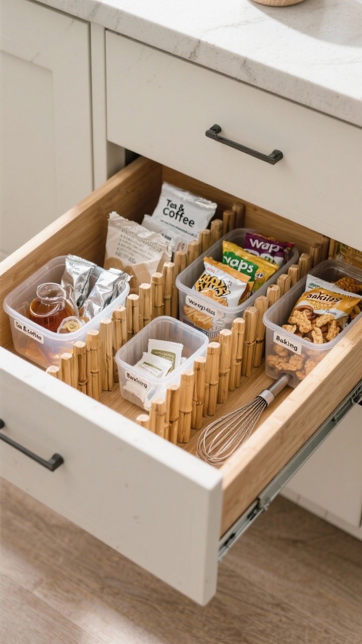 Overhead detail shot of an open kitchen drawer transformed into zones: adjustable bamboo dividers snugly fitted, plus a few clear budget plastic bins; sections labeled for tea & coffee, wraps & baggies, snacks, and baking tools; visible items include foil, parchment, tea sachets, snack packs, and a small whisk; neutral cabinet wood tone, crisp labels, even daylight creating clear, shadowed compartments.