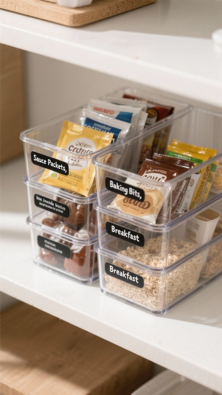 Overhead detail shot of “bins inside bins” organization on a shelf: a larger clear bin holding smaller interior bins labeled “Sauce Packets,” “Baking Bits,” and “Breakfast”; flat-sided, stackable, label-friendly containers with clear dividers preventing mixing; packets of yeast, cocoa, instant oatmeal, and takeout sauces visible; bright, even lighting and crisp label typography