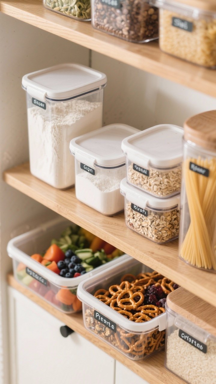 Overhead detail shot of decanted essentials: clear, stackable containers with tight lids filled with flour, sugar, rice, oats, and pasta; separate low bin at kid level with labeled pretzels, granola, dried fruit; a few clear fridge-style containers with chopped veggies, berries, and leftover rice; big readable labels, minimal color palette with natural wood shelf and soft diffused daylight