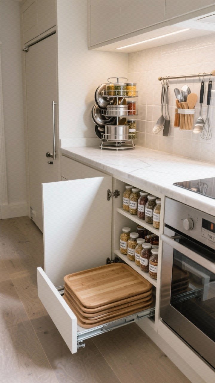 Overhead detail shot of European pantry logic: open drawer with toe-kick drawer below holding trays and boards, adjacent pull-out pantry with neatly decanted staples and French labels, a corner carousel pulled out with organized cookware, and a backsplash rail system with spices and utensils; clean counters and hidden appliance garage door partially open; bright, functional task lighting for clarity.