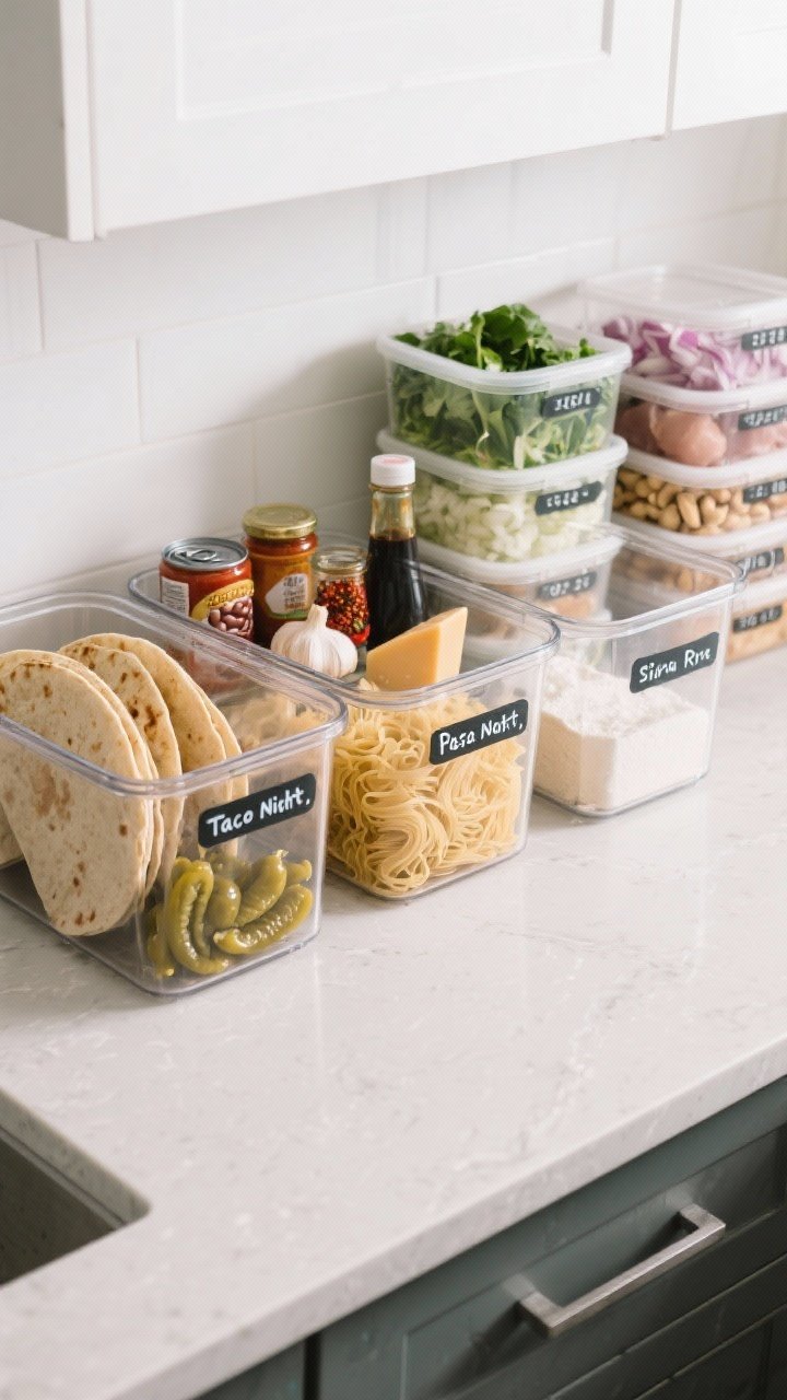 Overhead detail shot of labeled meal prep bins for weeknights: three clear bins—Taco Night (tortillas, seasoning, salsa, canned beans, pickled jalapeños), Pasta Night (dried pasta, garlic, jarred sauce, chili flakes, a parm wedge), Stir-Fry (rice noodles, soy sauce, sesame oil, cornstarch, cashews); nearby stackable containers hold washed greens, chopped onions, and portioned proteins with date labels; cool neutral countertop, bright even lighting, tidy arrangement.