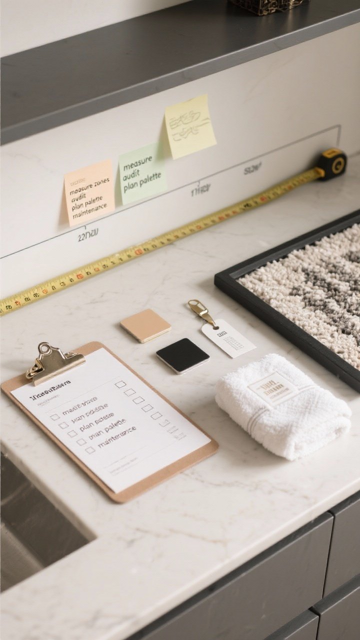 Overhead detail shot of planning essentials on a countertop: measuring tape spans counter depth, sticky notes marking shelf height and runner length; a checklist reading “measure zones, audit, plan palette, maintenance” alongside swatches—one warm beige chip and a single accent metal (black, brass, or chrome); washable rug tag, wipeable finish sample, and a folded machine-wash towel in frame; clean, organized mood.