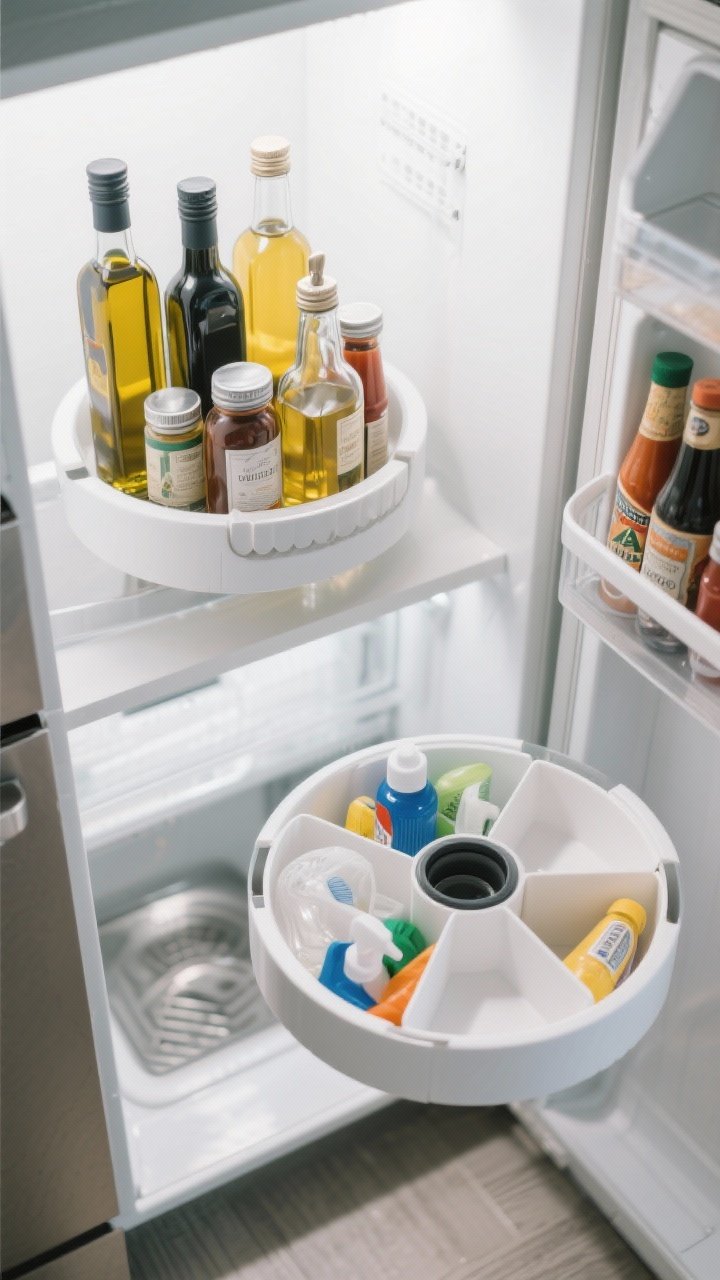 Overhead detail shot of two lazy Susans: one on a deep corner shelf holding oils and vinegars with a raised lip, another in a fridge door holding condiments; a third divided lazy Susan under the sink corralling cleaning supplies; focus on the raised edges and divided sections preventing slide-off; cool, bright kitchen lighting; textures of glass bottles, metal caps, and smooth plastic turntables.