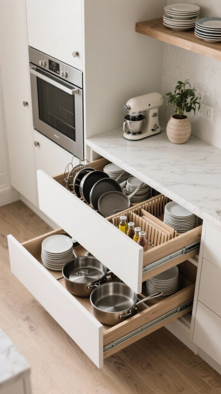 Overhead detail shot: Open drawer and cabinet storage showing clutter-free organization—deep drawers neatly holding pots, pans, and plate stacks; pull-out spice and oil racks; tray dividers storing baking sheets vertically; an appliance garage door ajar with toaster and mixer tucked away; open shelf styled to the 2/3 rule (practical dishes plus a small plant and ceramic vessel).