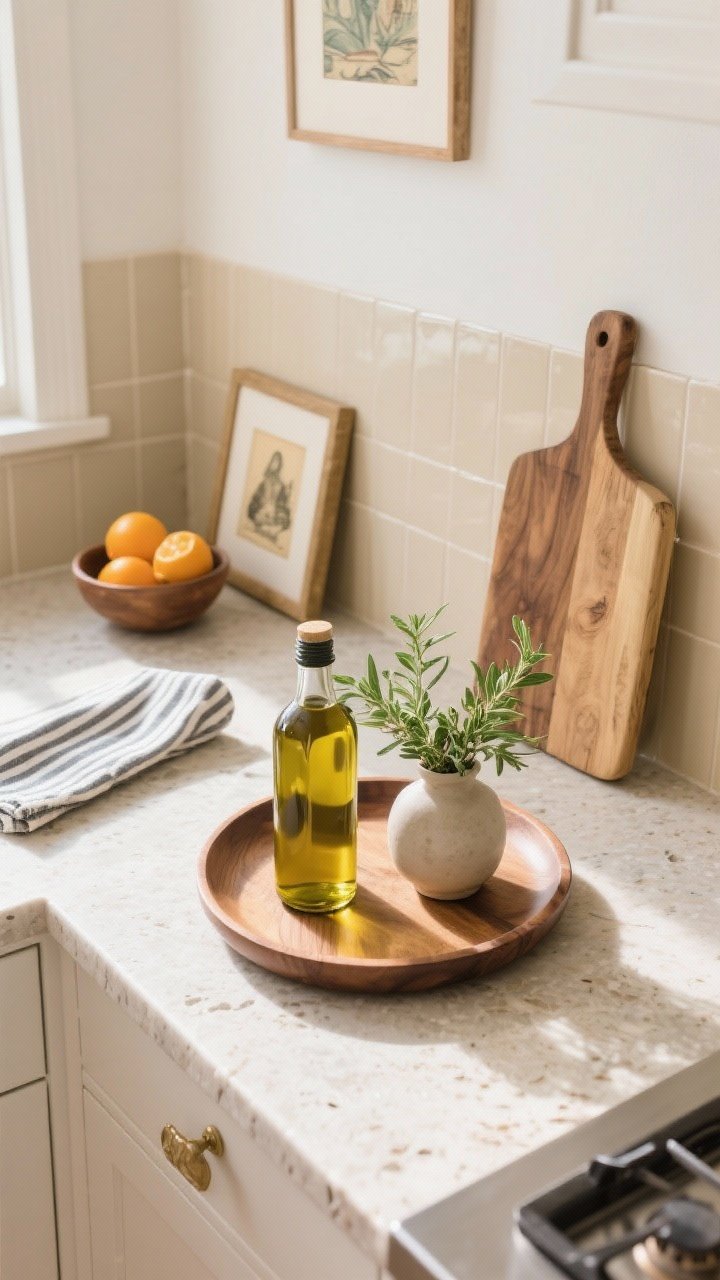 Overhead detail: Styled countertop vignette on a mid-tone stone—round wood tray holding an olive oil bottle, a small vase with fresh herbs, and a wood board leaning against a beige backsplash. Include a bowl of citrus and a striped tea towel nearby, plus a small framed vintage art piece propped on the counter. Natural daylight, crisp and clean, no clutter.