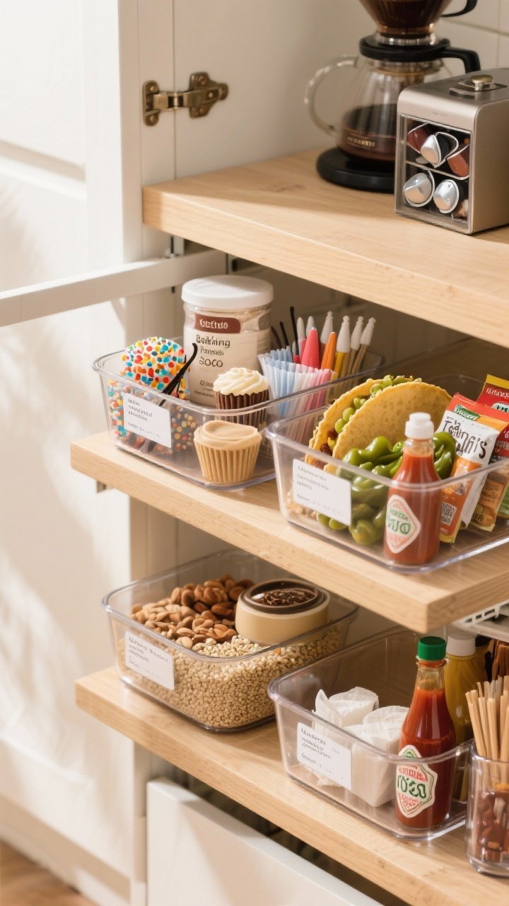 Overhead flat-lay and partial cabinet pull-out hybrid shot of category bins: a baking bin containing vanilla, baking powder/soda, cocoa, sprinkles, cupcake liners, and piping tips; a grain bowl bin with quinoa, tahini, roasted nuts, seeds, and favorite dressings; a taco night bin with shells, spice packets, pickled jalapeños, and hot sauces; a tea/coffee station bin with pods, filters, sugars, syrups, stirrers; each bin includes a small inventory card; clear bins on light wood shelves, bright natural light, crisp photorealistic textures.
