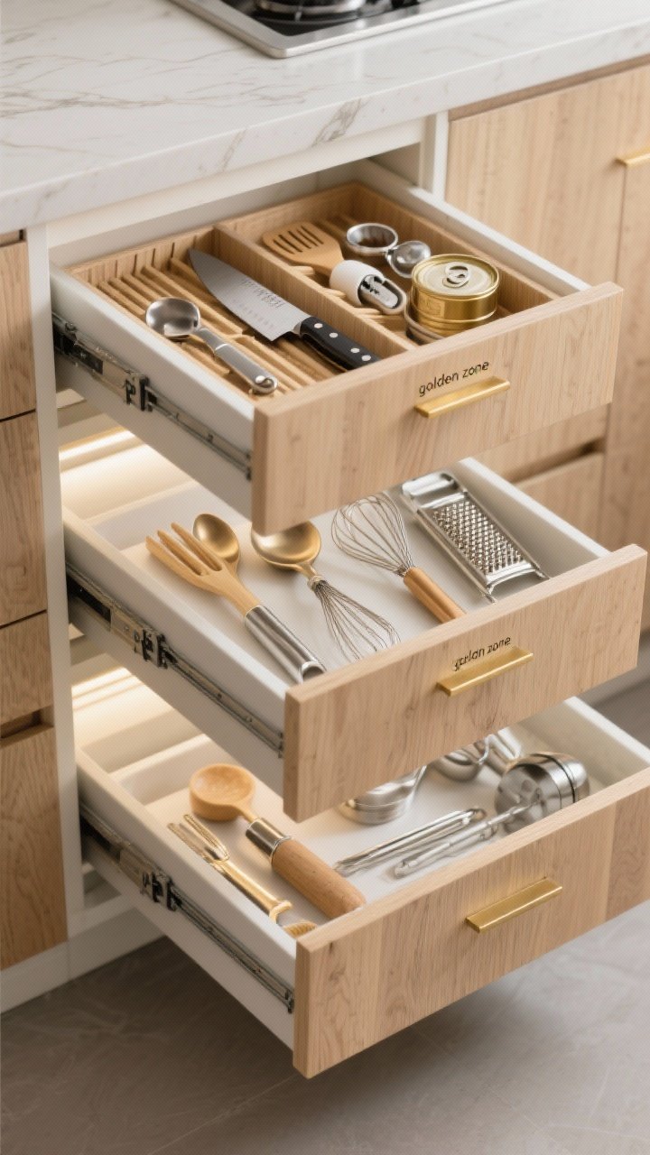 Overhead medium shot of an open three-drawer base cabinet set in a compact prep zone with light oak fronts and soft-close slides, showing the “golden zone” layout: top drawer with adjustable dividers organizing a chef’s knife, peeler, measuring spoons, spatula, and can opener; second drawer with tongs, ladles, whisks, and a microplane; third drawer with baking tools and occasional-use gadgets. Neutral interior liners, brushed metal dividers, bright task lighting for clarity.